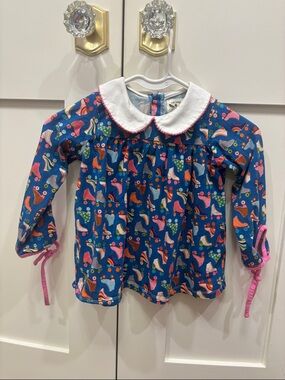 The oaks: Girls Navy Blue Patterned Long-Sleeve Top with White Peter Pan Collar